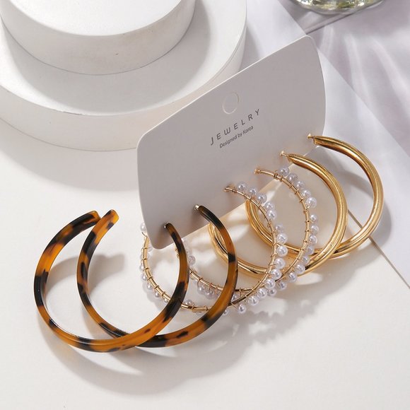 3/$35 3 Pairs Pack Large Big Hoop Earrings Set Gold Pearls Chunky Jewelrly - Picture 7 of 7